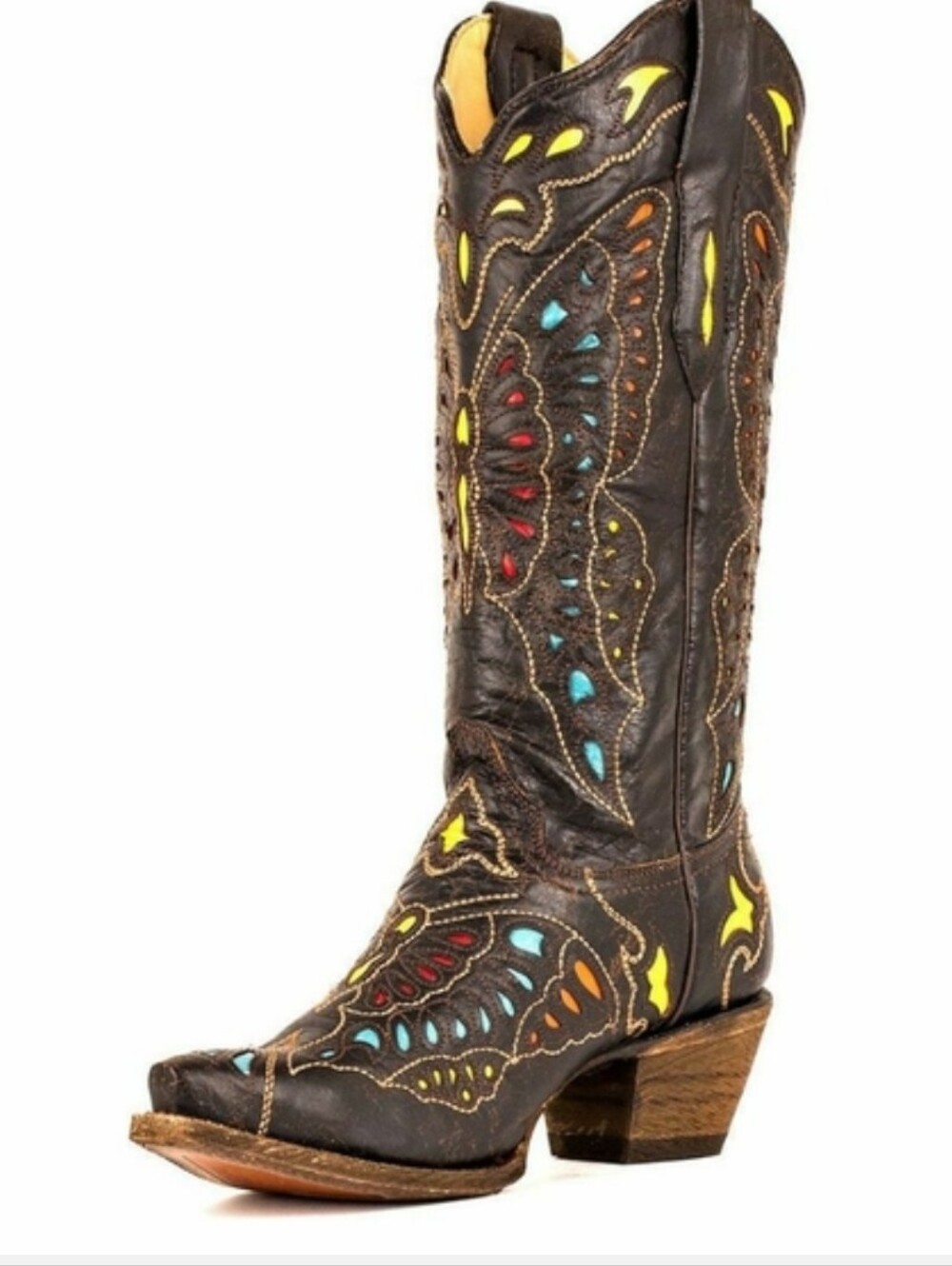 Vintage Corral Black Crackle Distressed Leather Multicolor Butterfly Inlay Cowbo